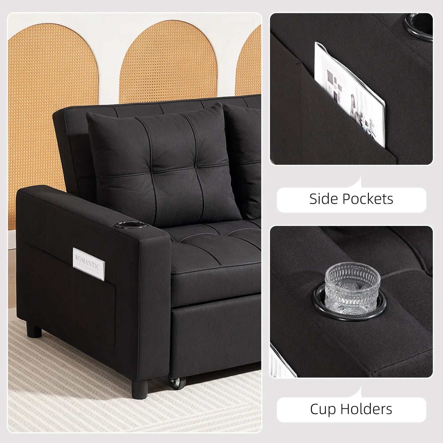 Black sofa with side pockets and cup holders, featuring close-up details.
