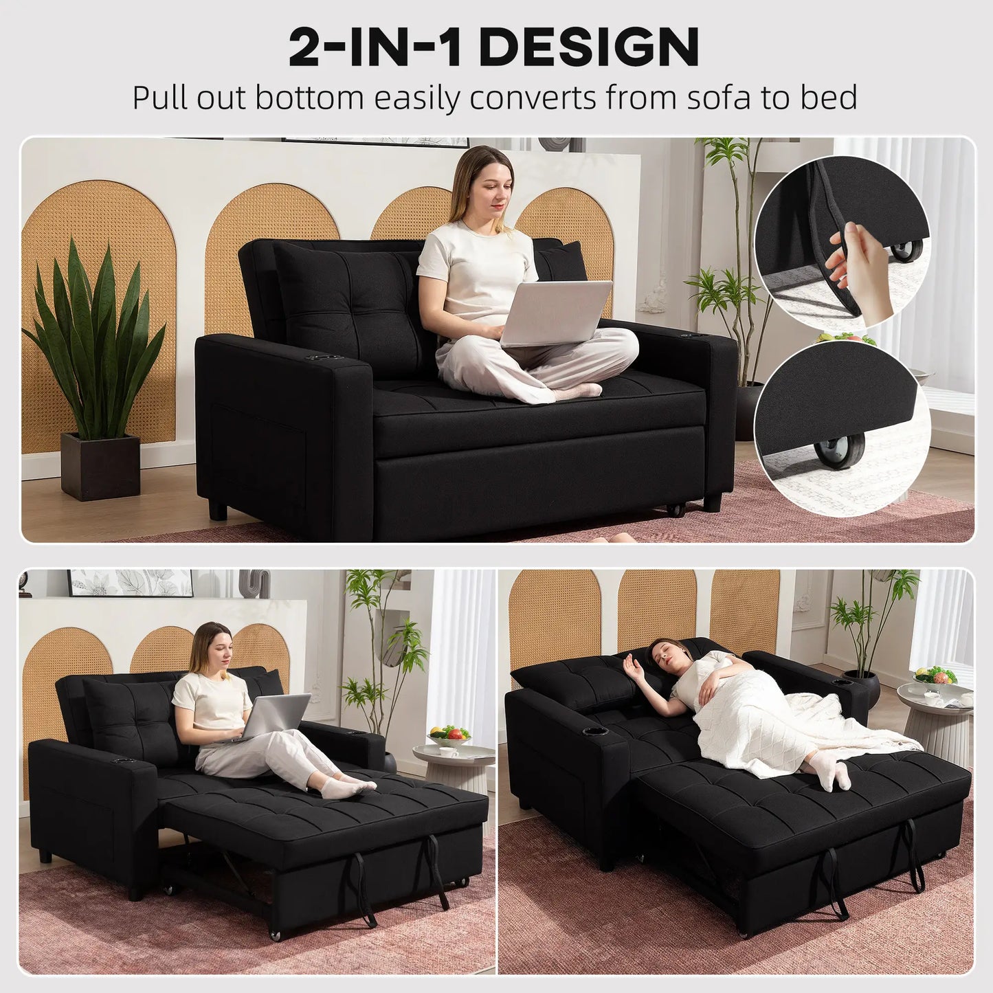 Black 2-in-1 sofa bed with pull-out mechanism, showing conversion from sofa to bed.