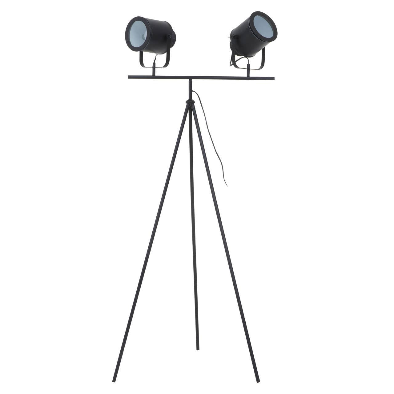 Black tripod with two spotlight attachments on a white background