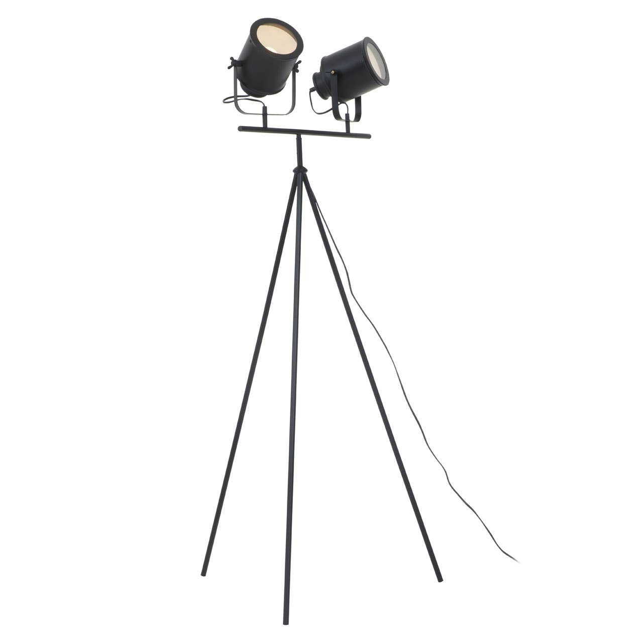 Black tripod floor lamp with two spotlights on a white background