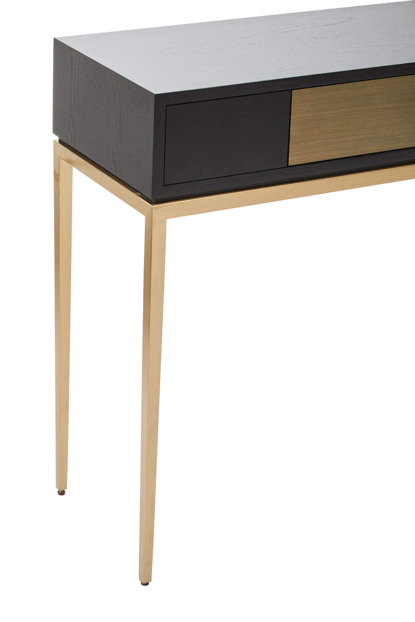 Console table with black and gold design on a white background