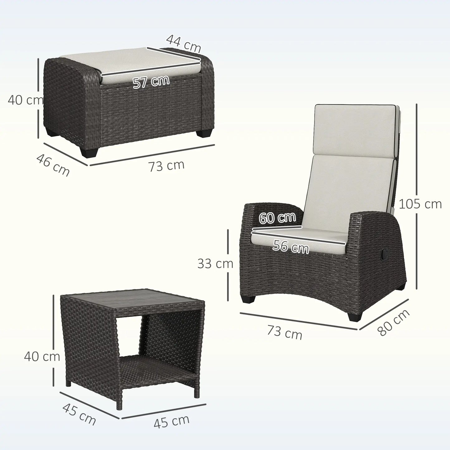 Dimensions of a chair, ottoman, and side table on a white background