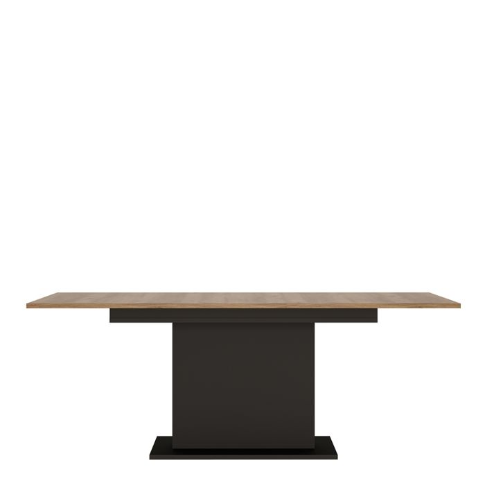 Table with a wooden top and black base on a white background
