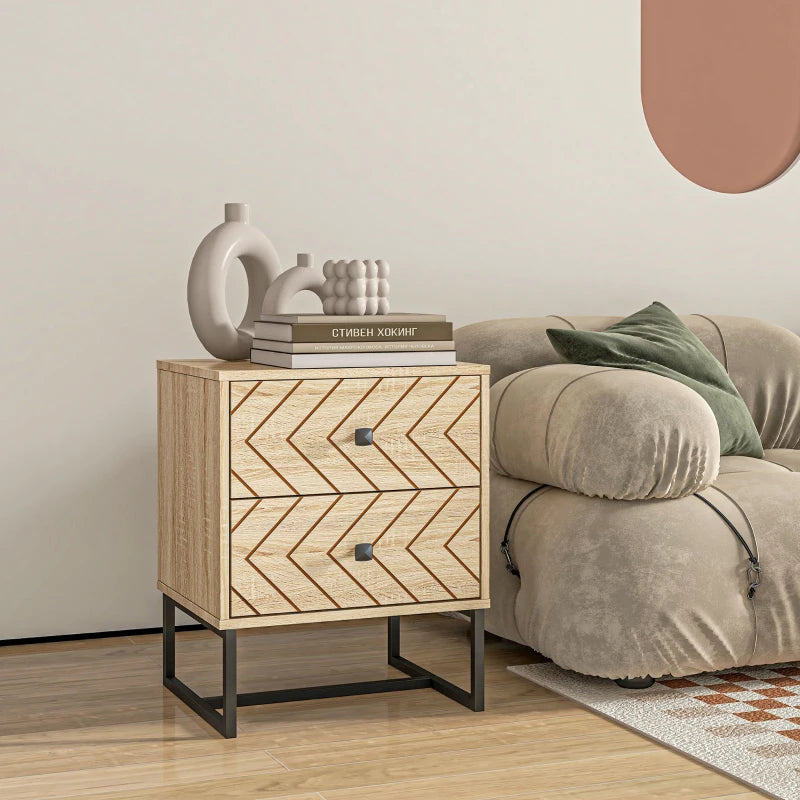 Wooden side table with chevron pattern next to a beige sofa in a living room setting.