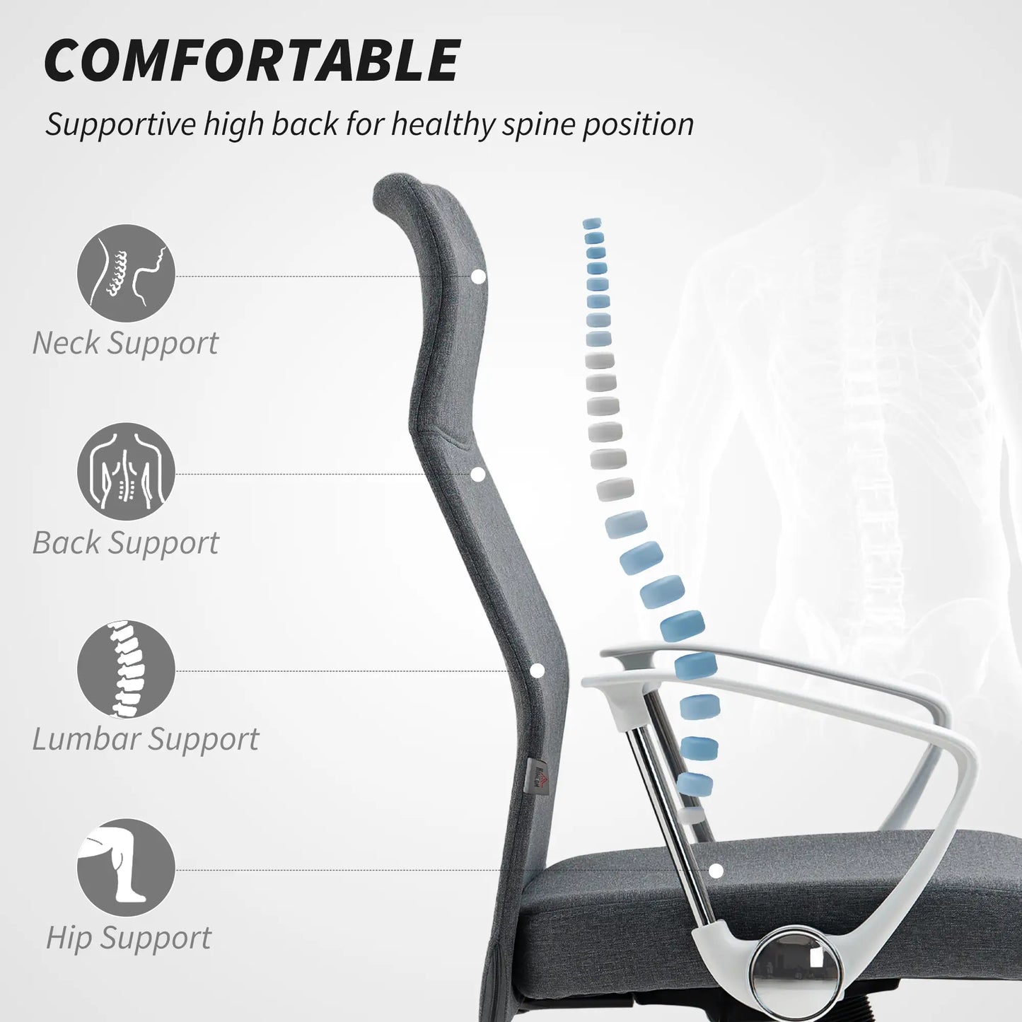 Ergonomic chair with support features for a healthy spine on a white background