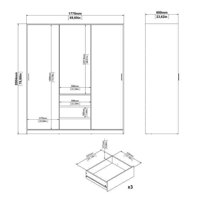 Technical drawing of a wardrobe with dimensions labeled