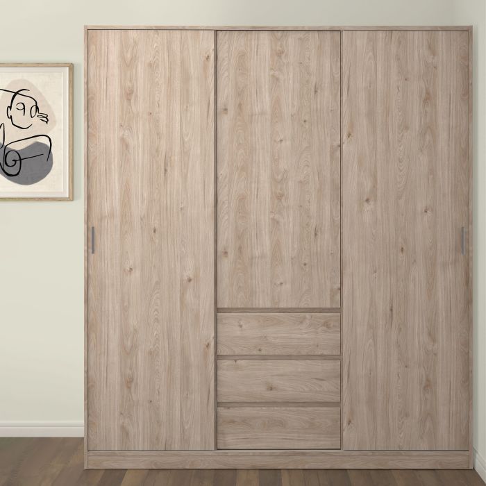 Wooden wardrobe with sliding doors in a room setting