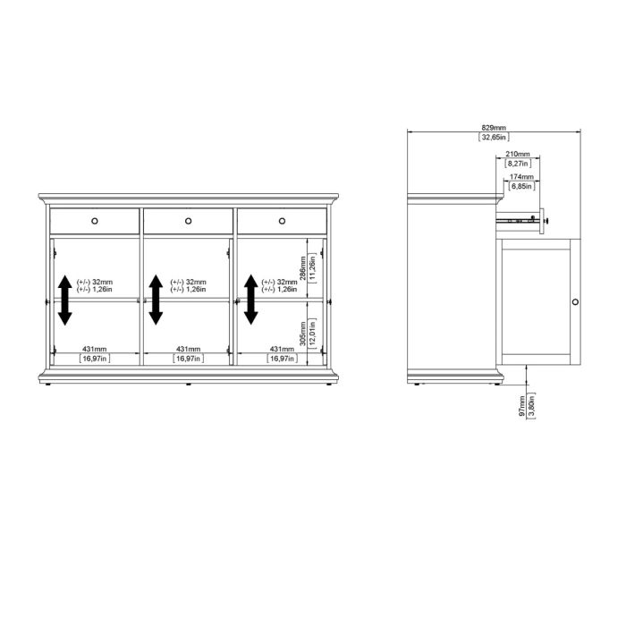 Technical drawing of a wooden cabinet with dimensions