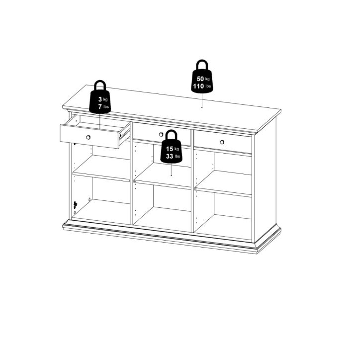 Black and white line drawing of a cabinet with weight markers on a white background
