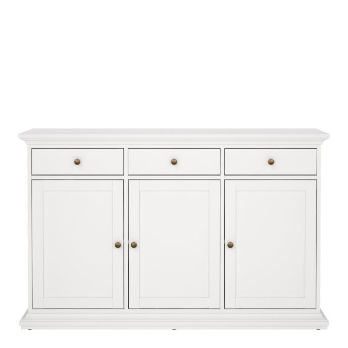 White sideboard with three doors and two drawers on a white background