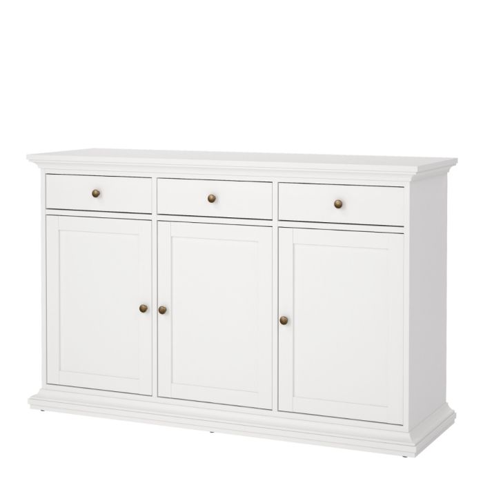 White sideboard with three doors and three drawers on a white background