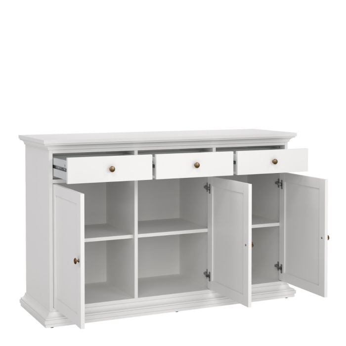 White sideboard with open doors on a white background