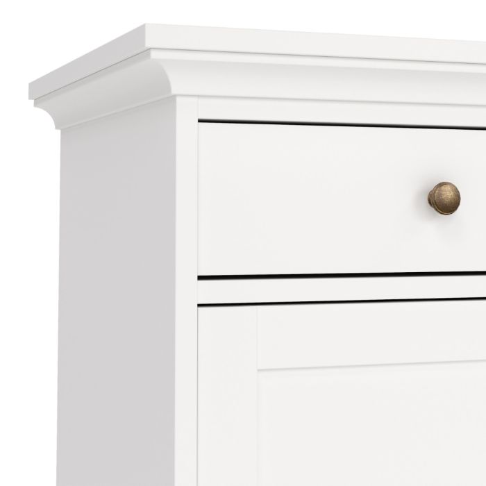 White dresser with a gold knob on a white background
