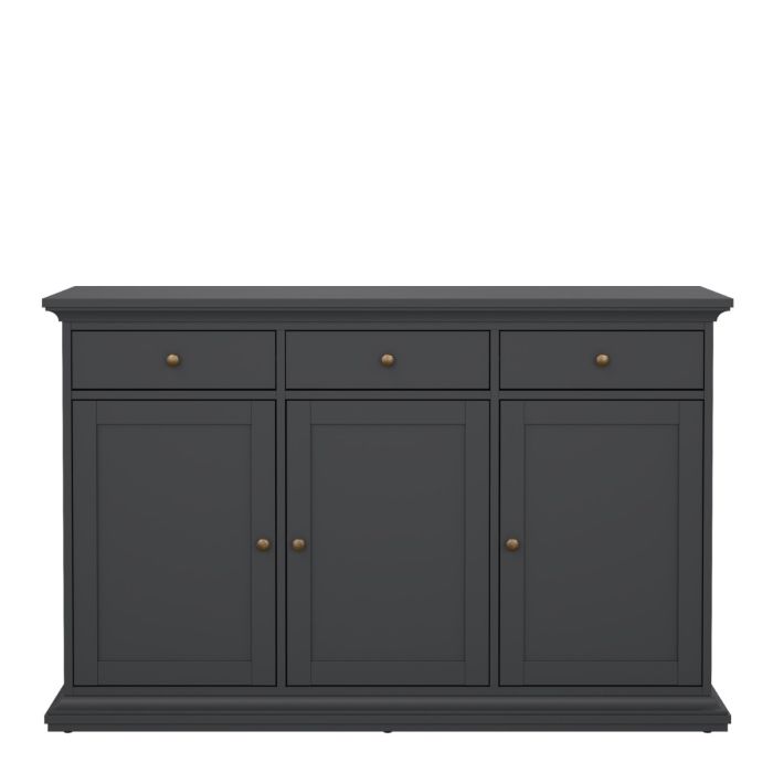 Dark gray sideboard with three drawers and three doors on a white background