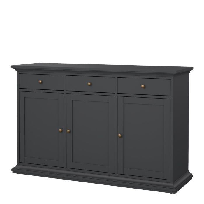 Dark gray sideboard with three drawers and three doors on a white background
