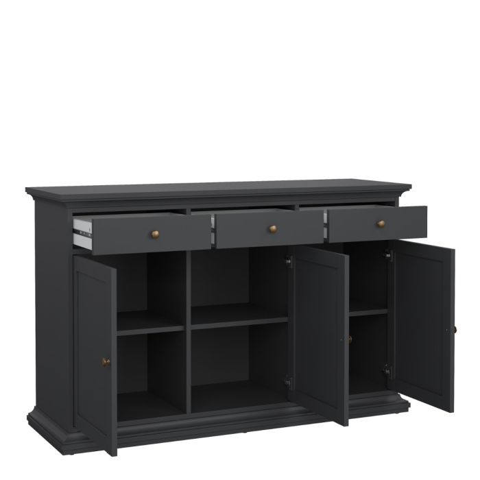 Dark gray sideboard with open doors on a white background