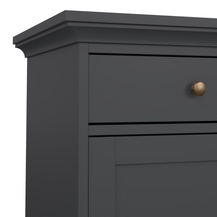 Dark gray dresser with a gold knob on a white background