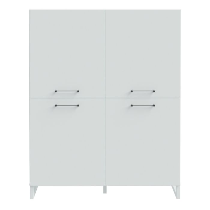 White cabinet with four doors and handles on a white background