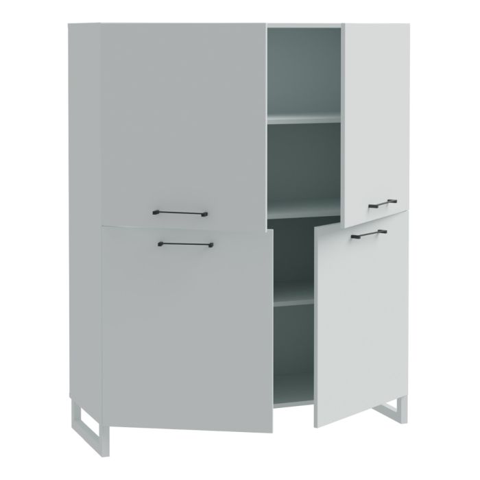 White cabinet with open door on a white background