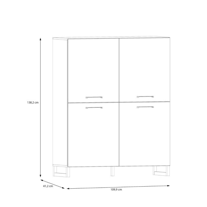 Line drawing of a kitchen cabinet with dimensions labeled