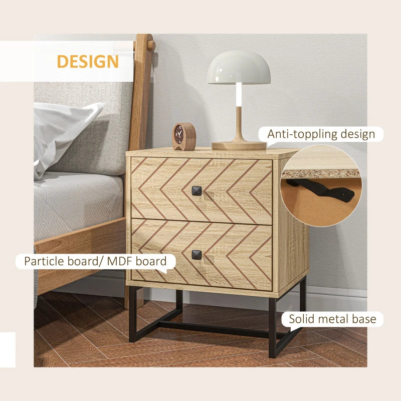 Wooden nightstand with chevron pattern, labeled features, and bed in the background.