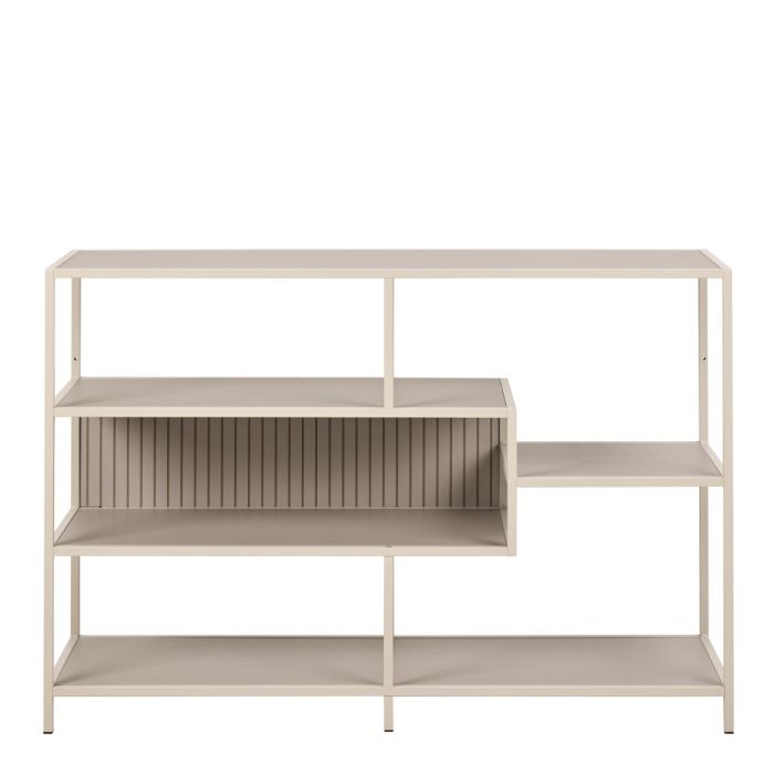 Beige shelving unit with multiple shelves on a white background