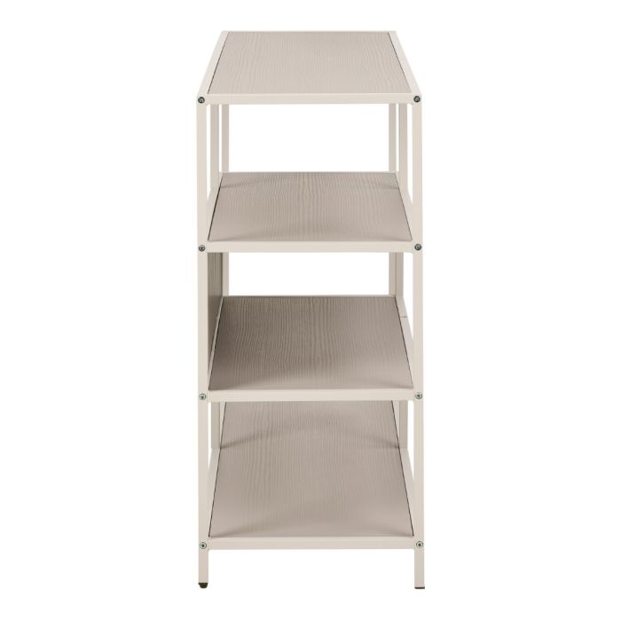 Three-tier metal shelf with textured surface on a white background