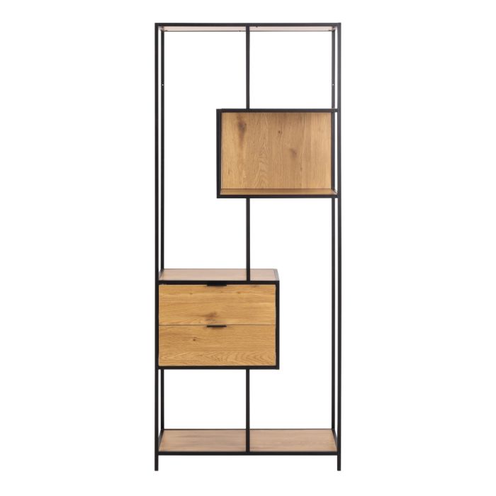 Modern shelving unit with wooden shelves and black metal frame on a white background