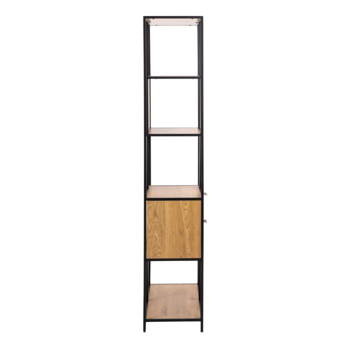 Tall bookshelf with wooden shelves and metal frame on a white background