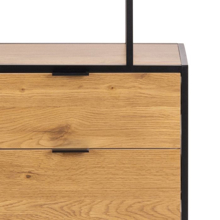 Wooden drawer unit with black frame on a white background