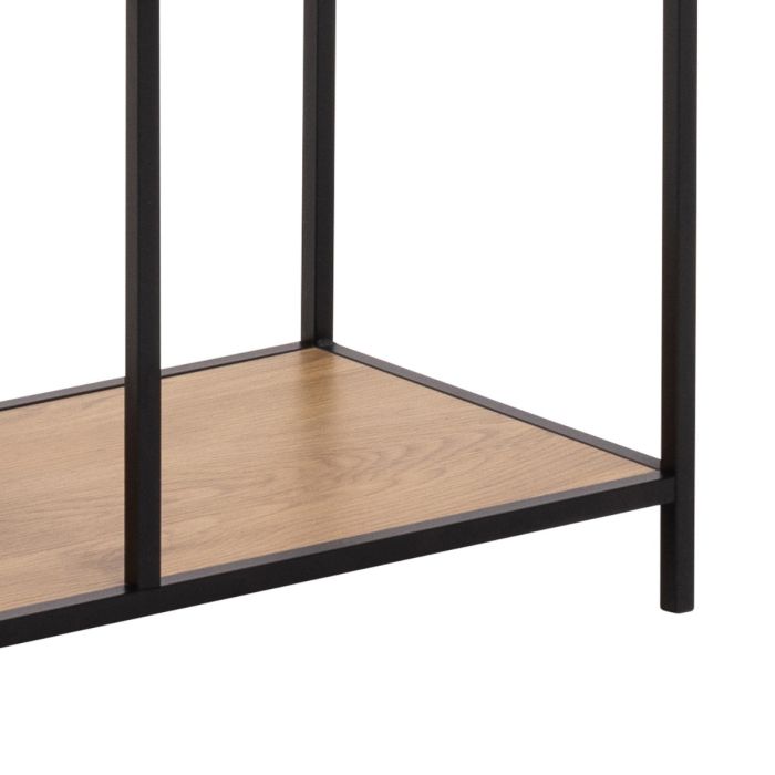 Corner shelf with black metal frame and wooden shelf on a white background