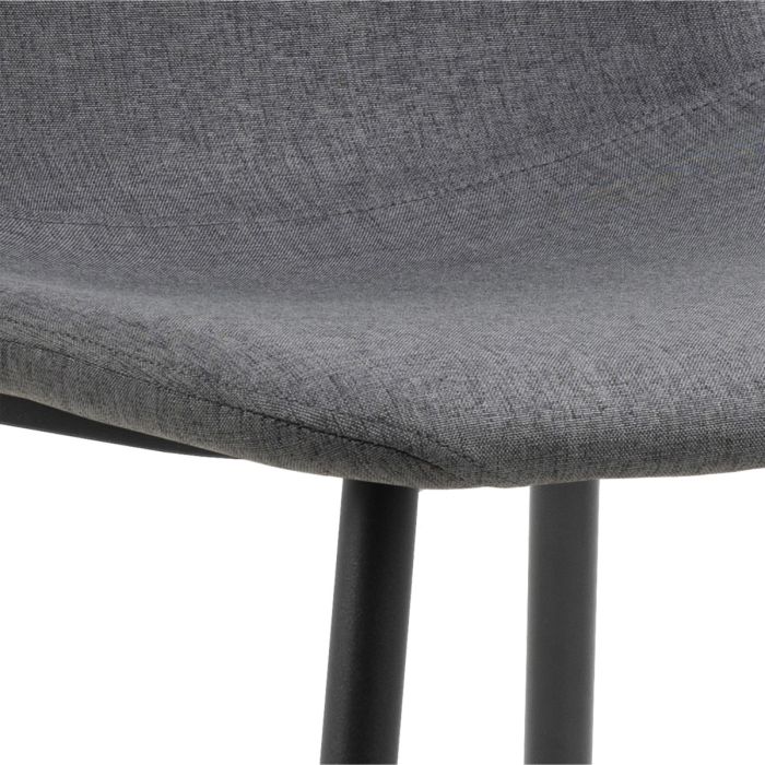 Gray upholstered chair with black metal legs on a white background
