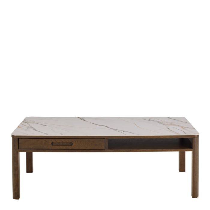 Coffee table with marble top and wooden legs on a white background