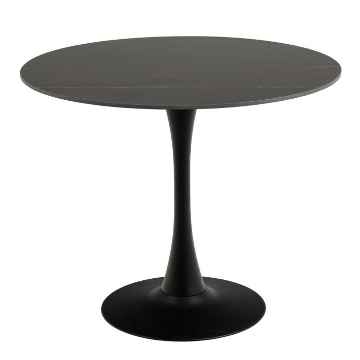 Black round table with a single pedestal leg on a white background