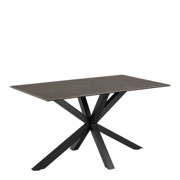 Rectangular table with a brown ceramic top and black metal legs on a white background