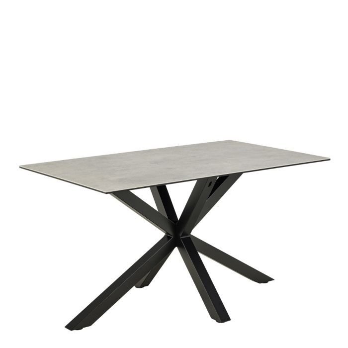 Rectangular table with a gray surface and black metal legs on a white background
