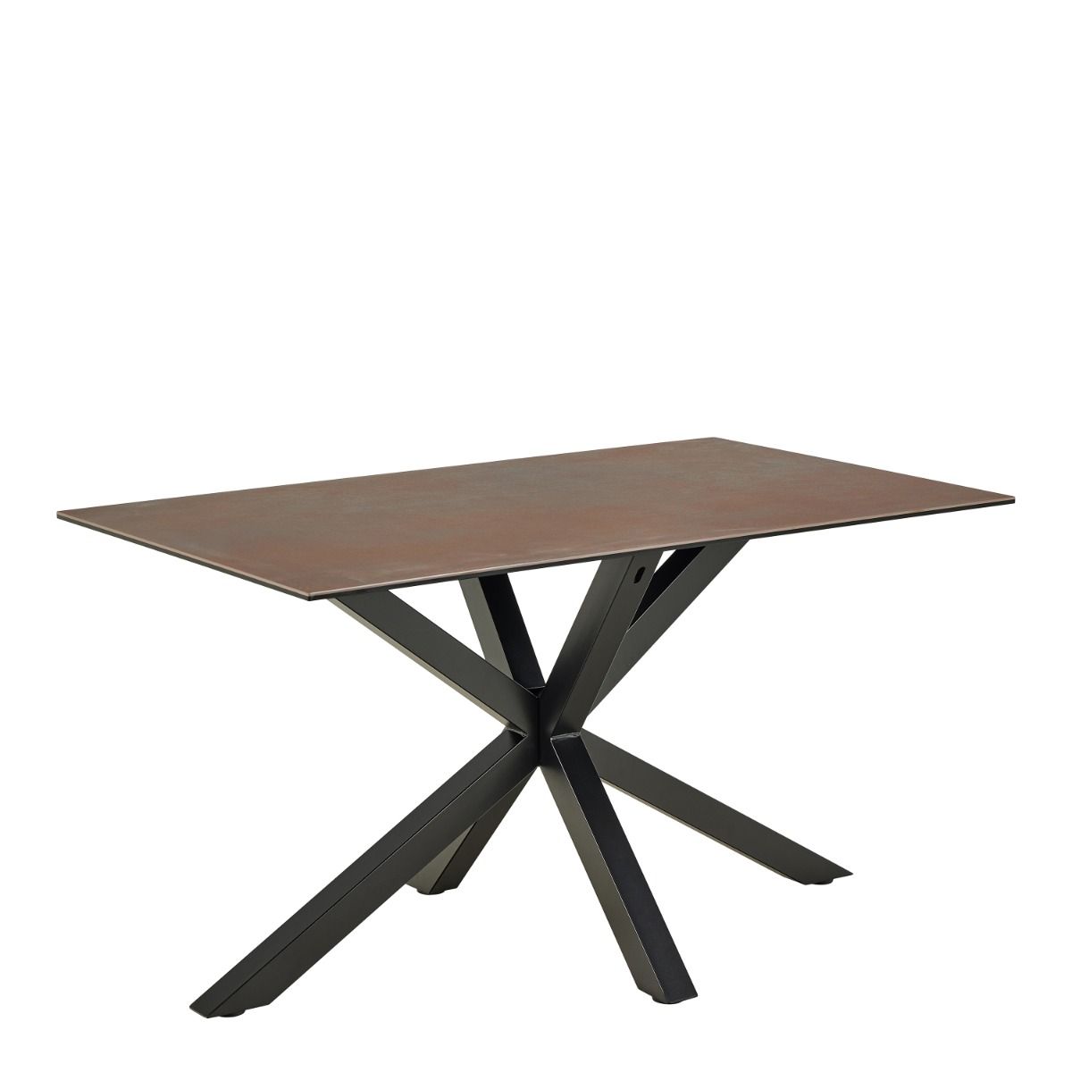 Rectangular table with brown top and black metal legs on a white background