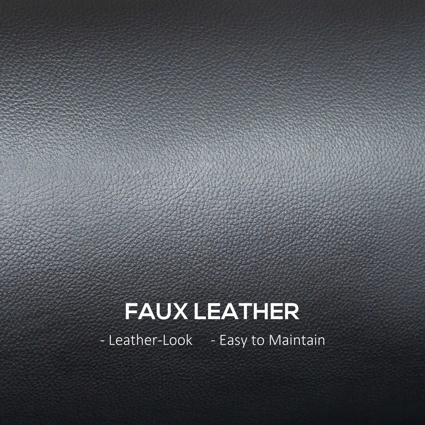 Black faux leather surface with text indicating leather look and ease of maintenance.