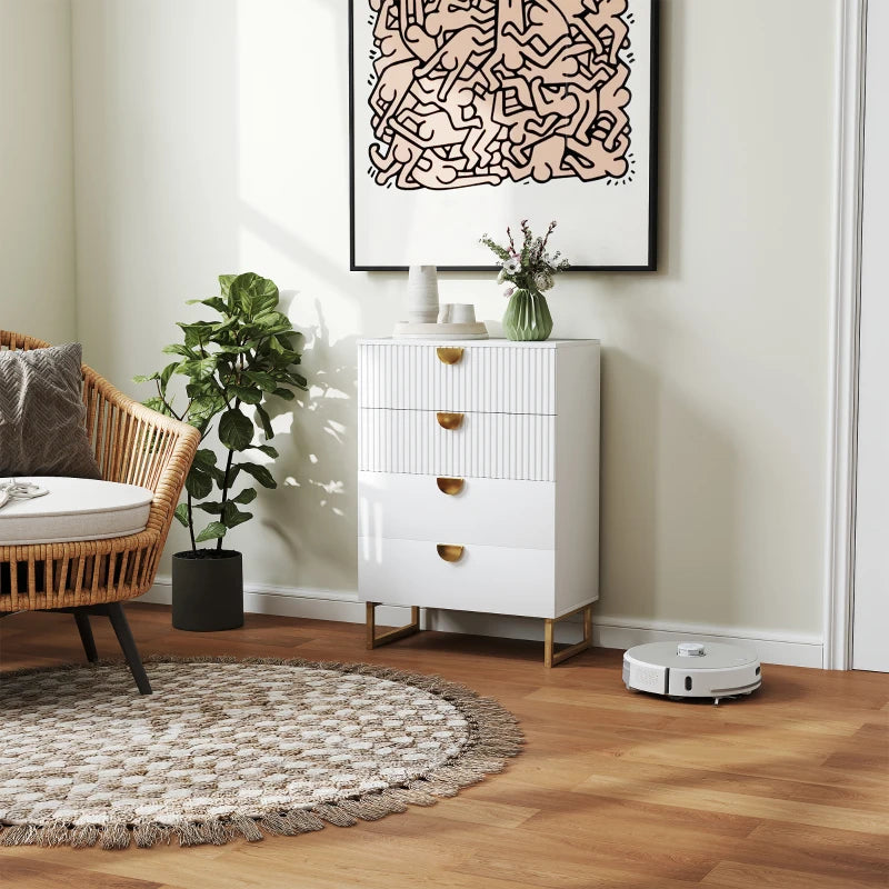 Modern living room with a white dresser, robot vacuum cleaner, and decorative elements.