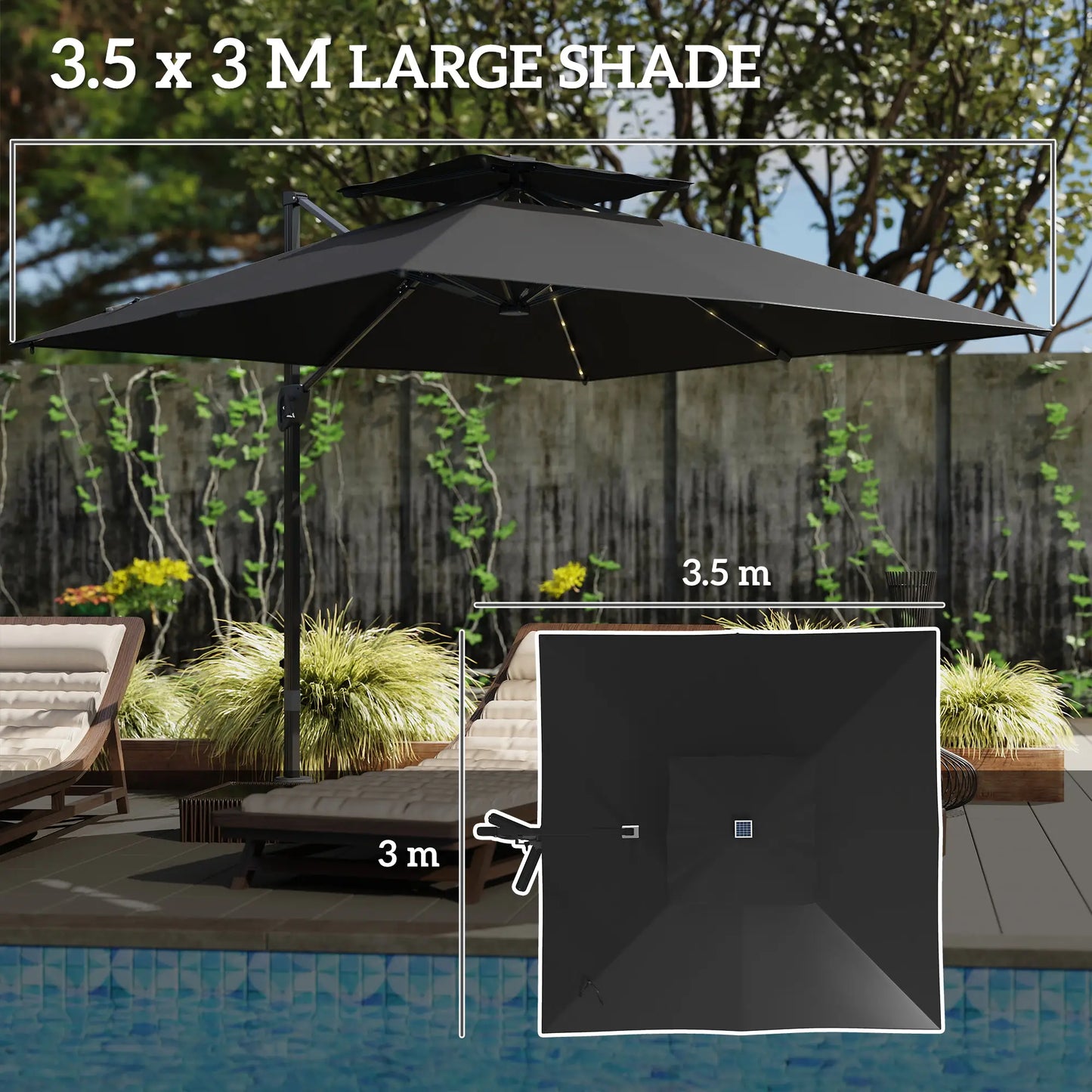 Outsunny 3.5x3 m Garden Cantilever Parasol with Solar LED Lights and Centre Light