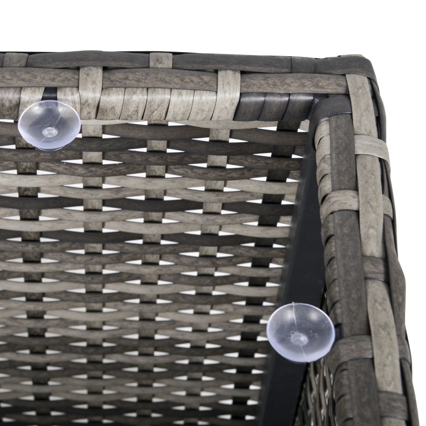 Wicker chair with clear suction cups attached to it on a white background