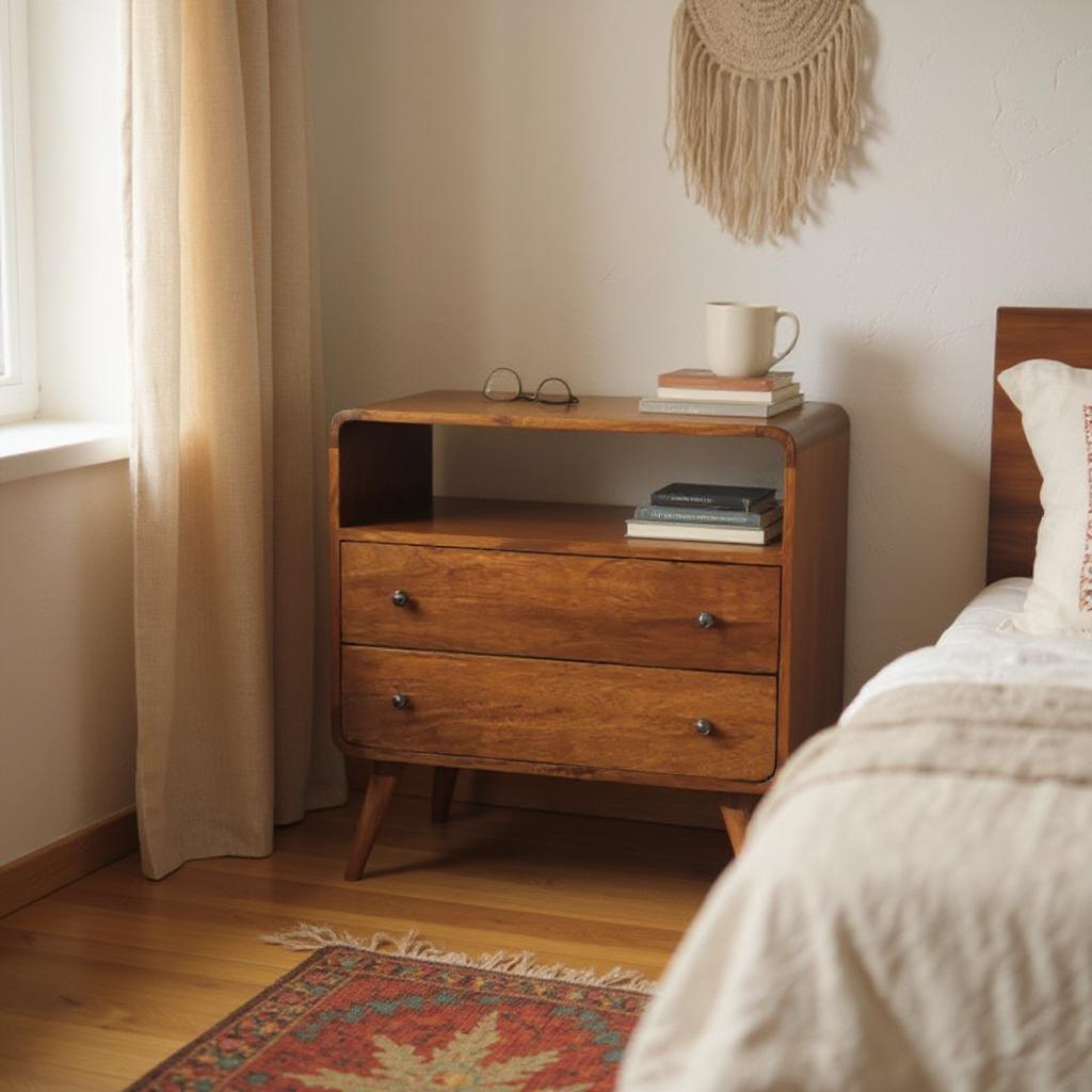 Wooden nightstand with books and a mug next to a bed in a bedroom.