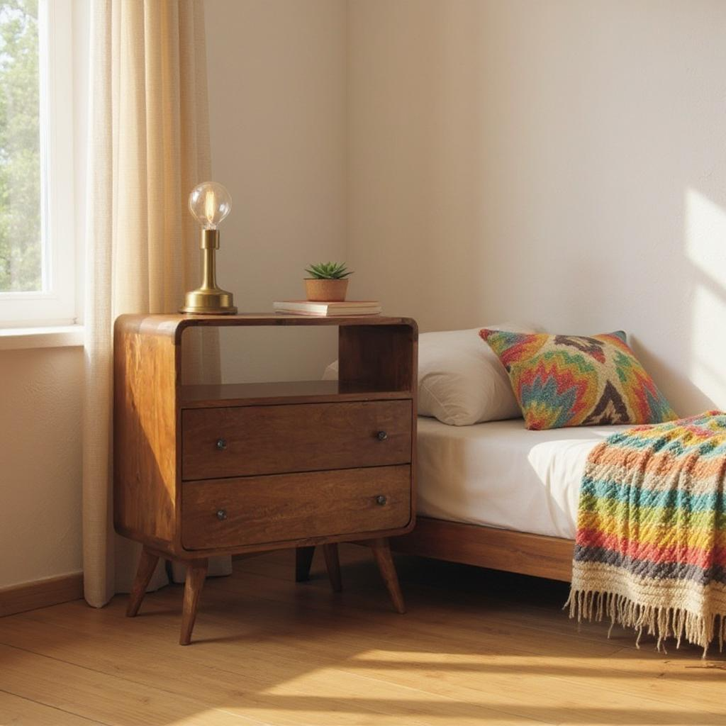 Wooden nightstand with lamp and plant next to a bed with colorful bedding.
