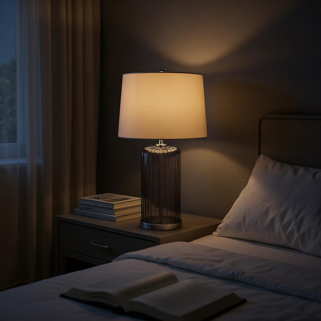 Lamp on a nightstand next to a bed with an open book in a dimly lit room
