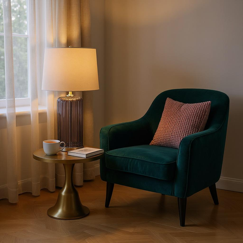 Green armchair with a pink pillow next to a small round table with a lamp and cup in a softly lit room.
