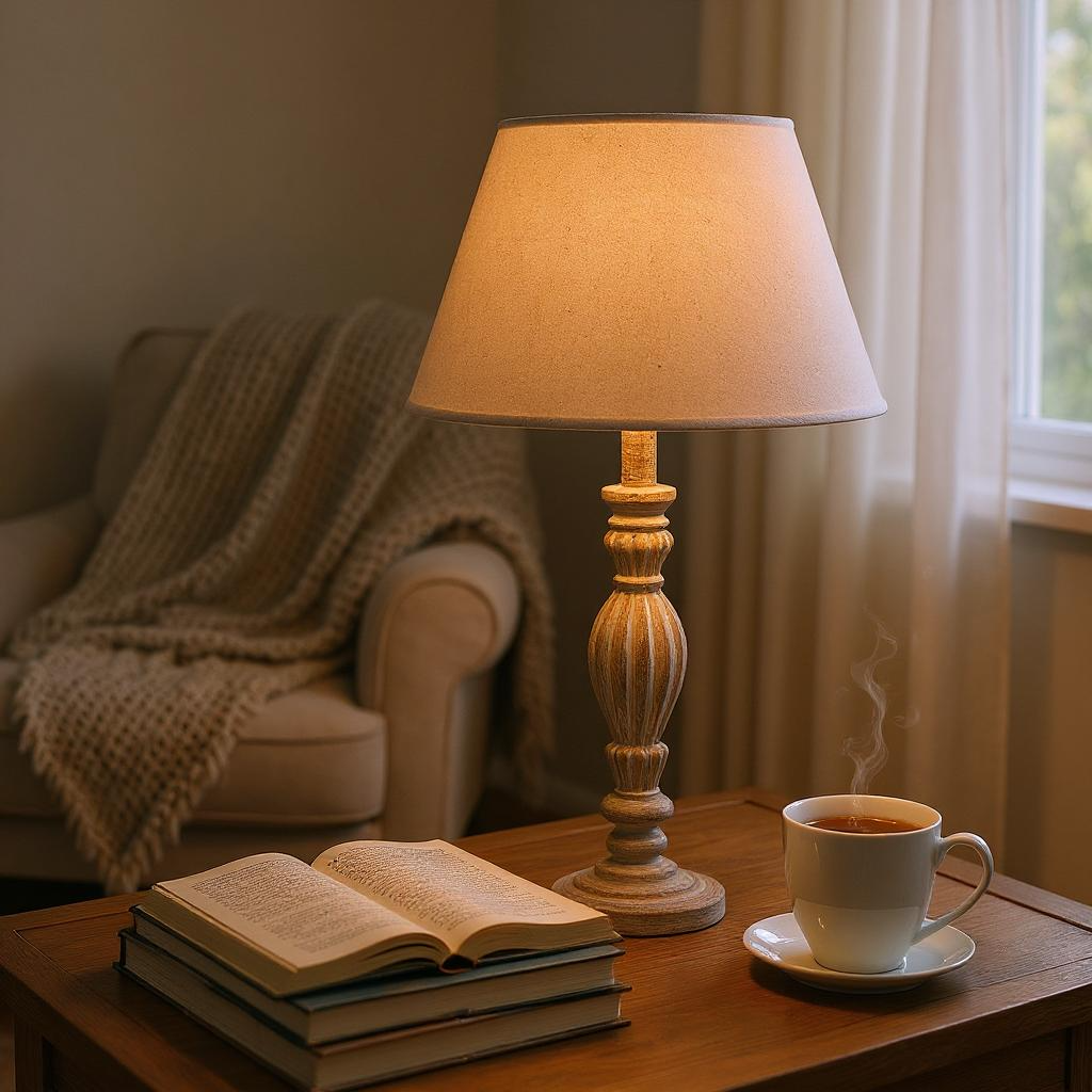Wooden lamp on a table with books and a steaming cup of coffee in a cozy room.
