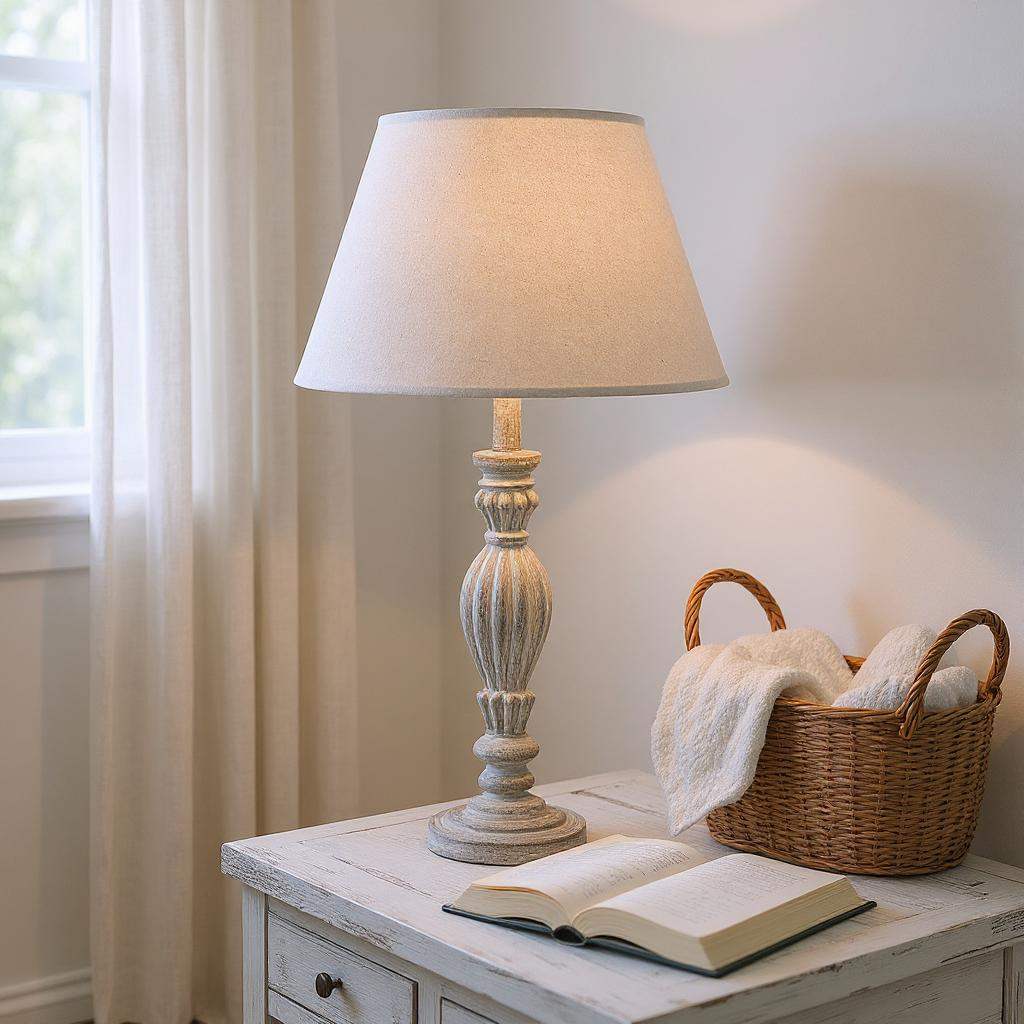 Table lamp on a wooden table with an open book and a wicker basket containing towels, in a softly lit room.