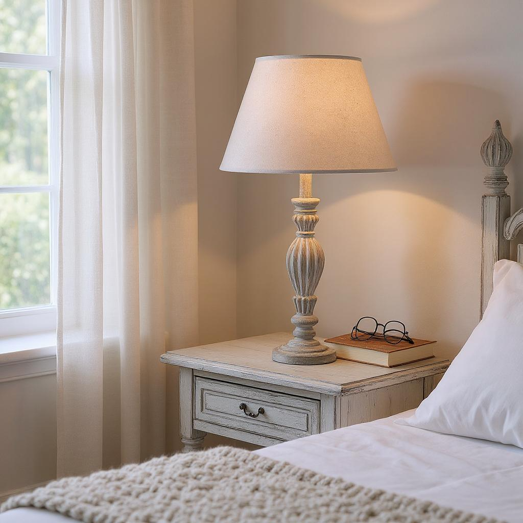 Table lamp on a nightstand next to a bed with white bedding