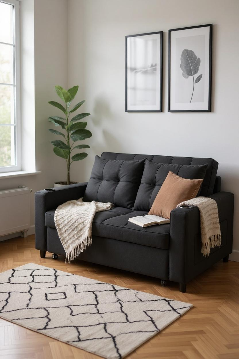 Gray sofa in a living room with a plant, rug, and books.
