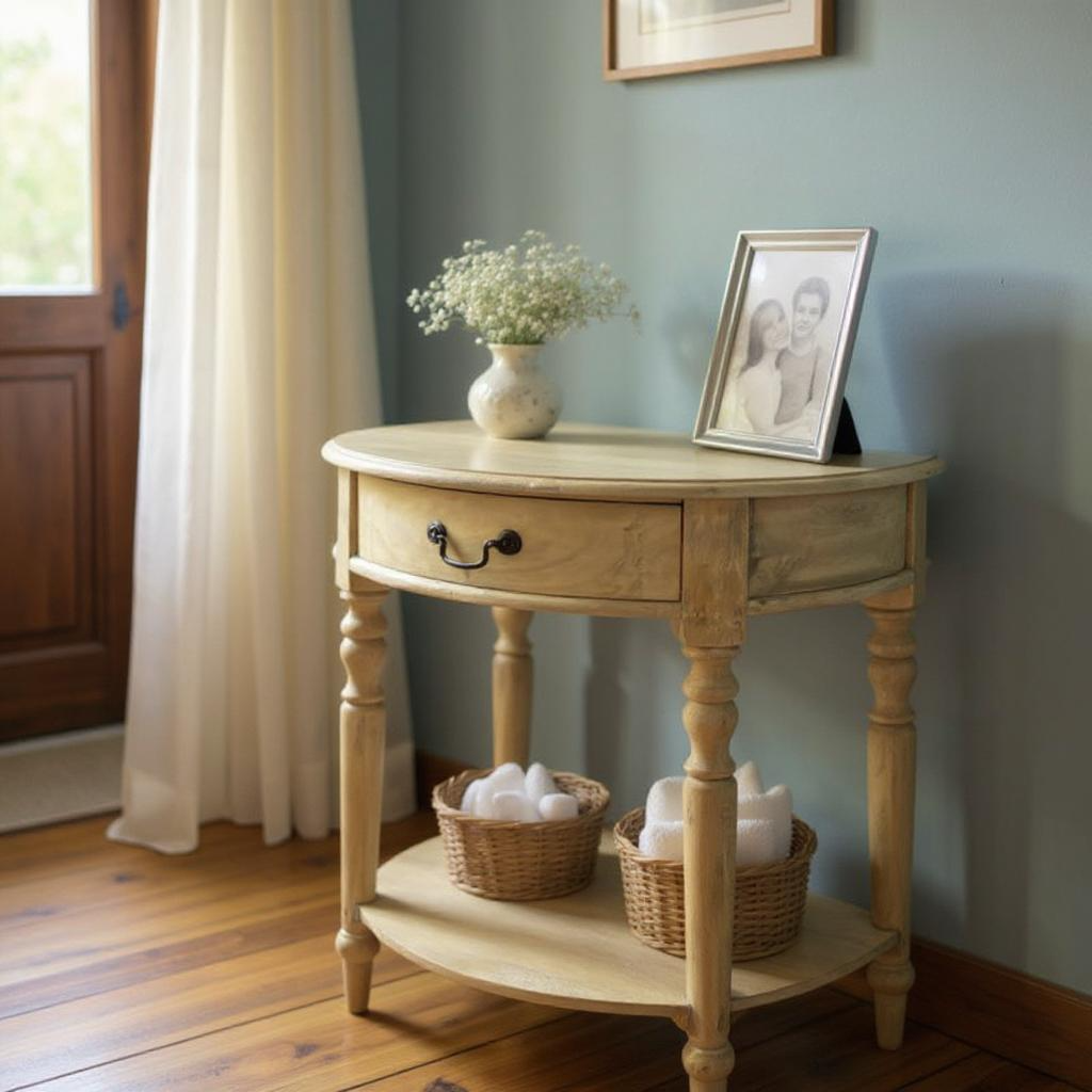 Wooden side table with decorative items in a room with a window and curtain.